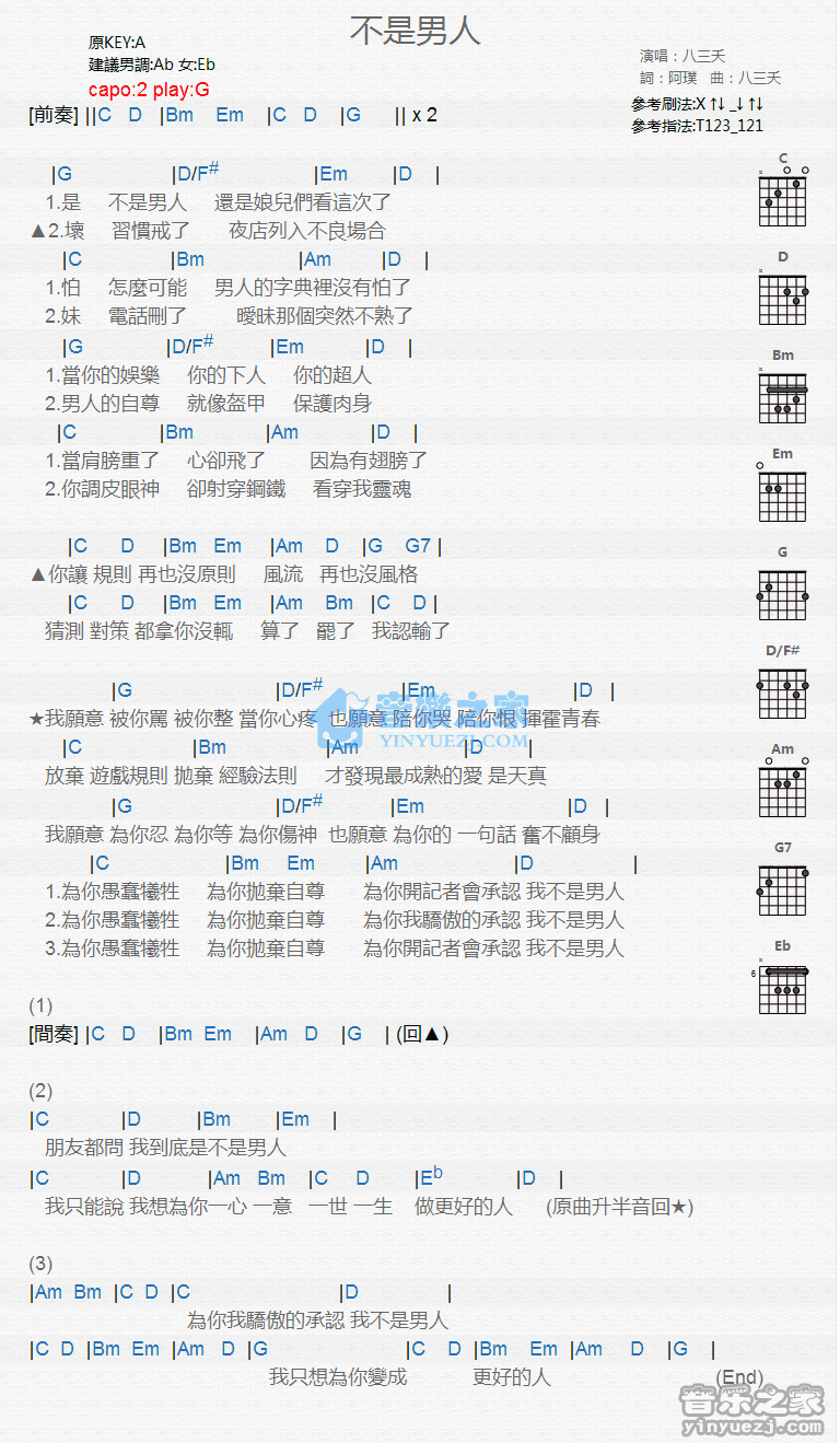 不是男人吉他谱 G调和弦谱_音乐之家编配_八三夭