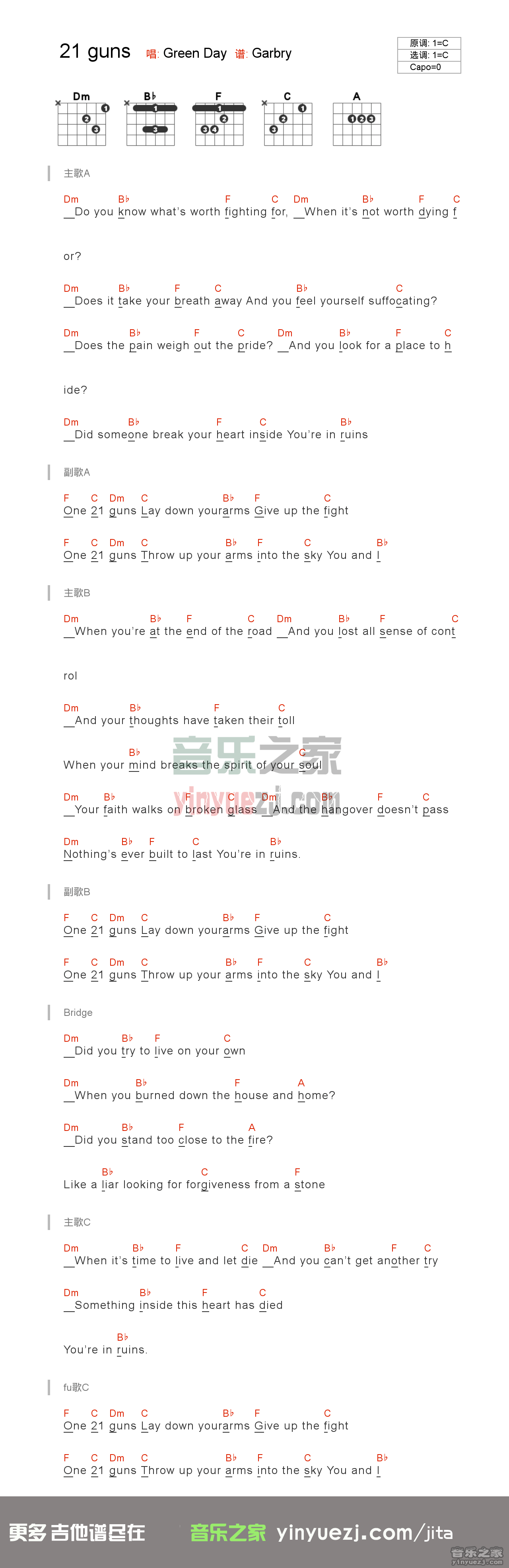 21 guns吉他谱 C调和弦谱_音乐之家编配_Green Day 21 guns吉他谱 C调和弦谱_音乐之家编配_Green Day