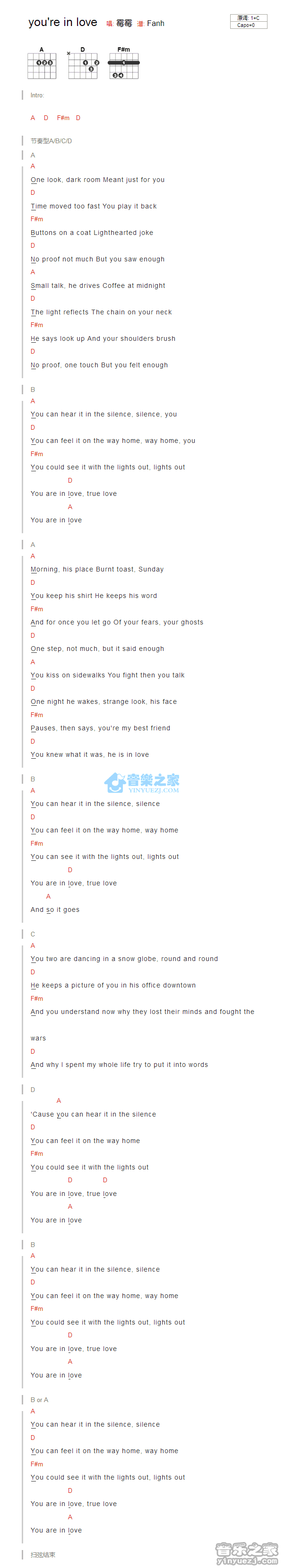 you are in love吉他谱 C调和弦谱_音乐之家编配_Taylor Swift you are in love吉他谱 C调和弦谱_音乐之家编配_Taylor Swift