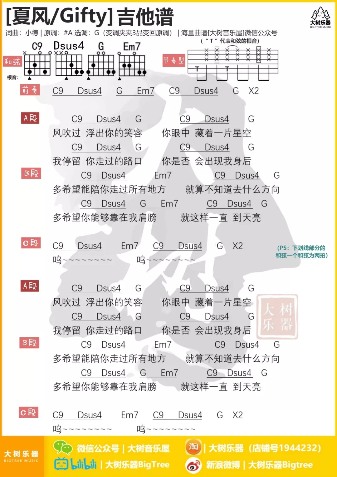 夏风吉他谱 G调和弦谱_大树音乐编配_Gifty