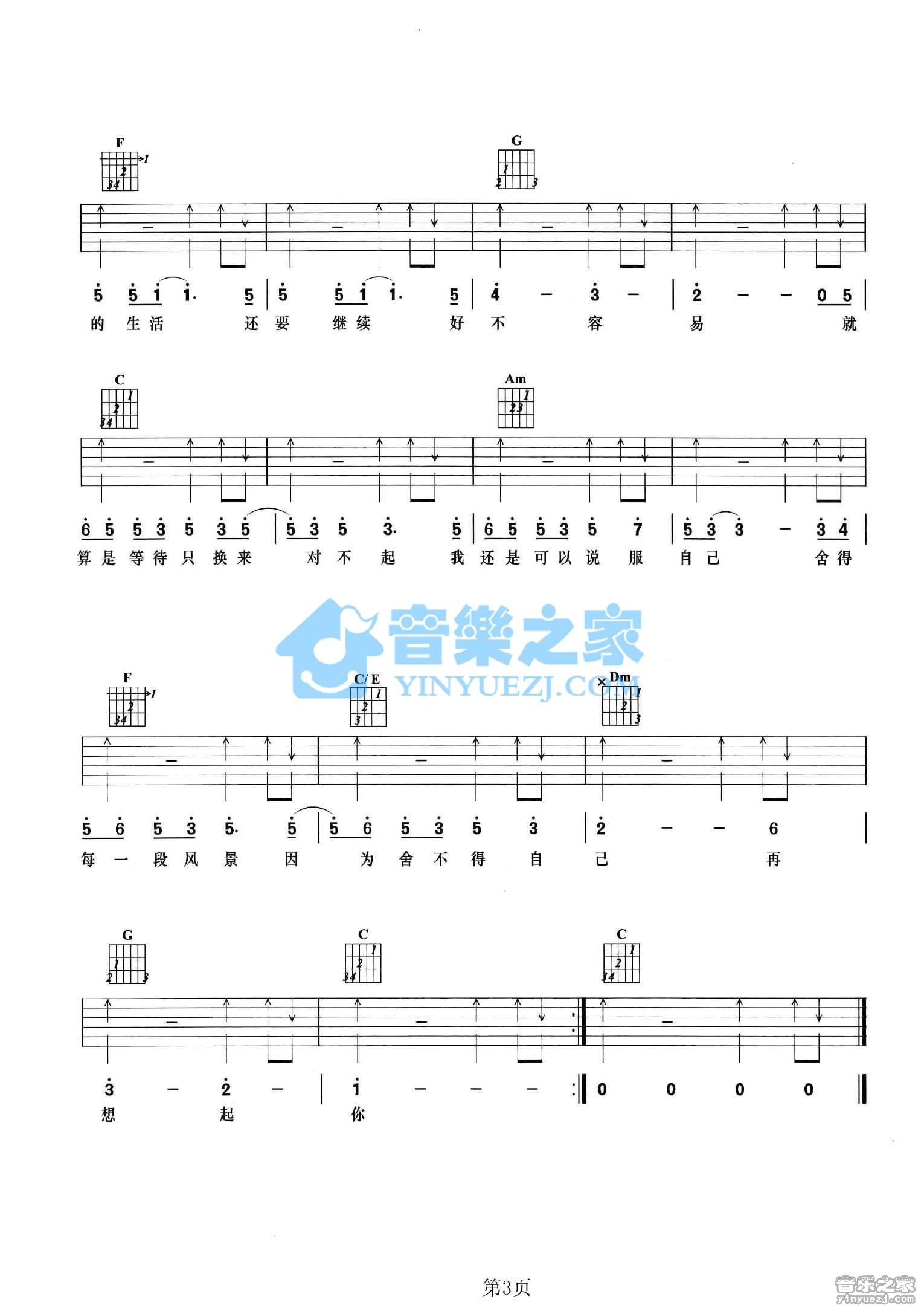 好不容易吉他谱 C调六线谱_音乐之家编配_张靓颖