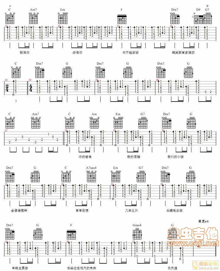 对不起谢谢吉他谱 D调六线谱_虫虫吉他编配_陈奕迅