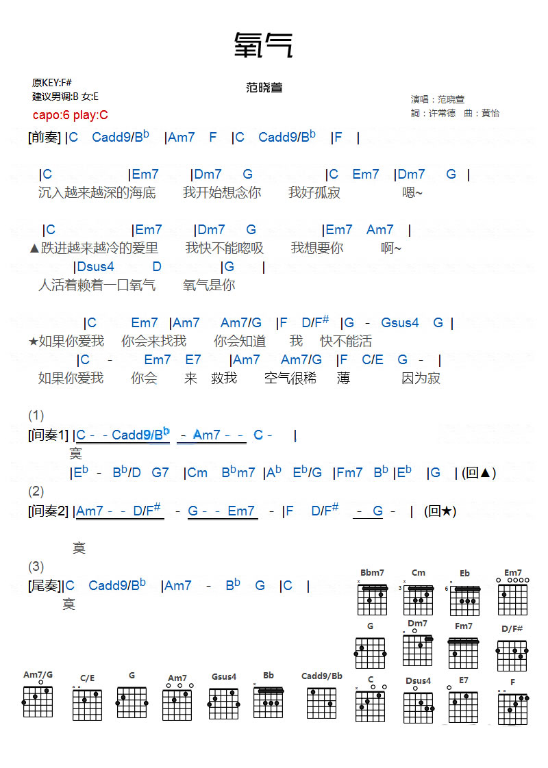 氧气吉他谱 C调和弦谱_女生版_范晓萱