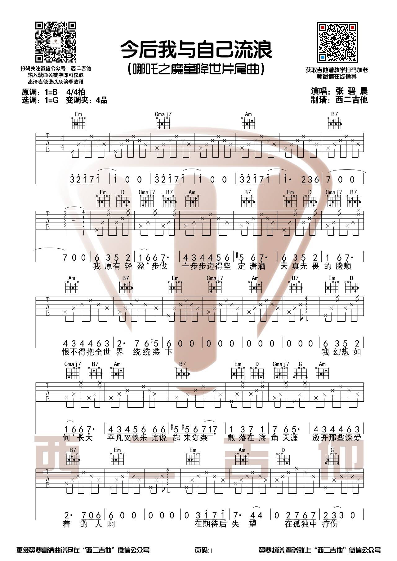 今后我与自己流浪吉他谱 G调_西二吉他编配_张碧晨