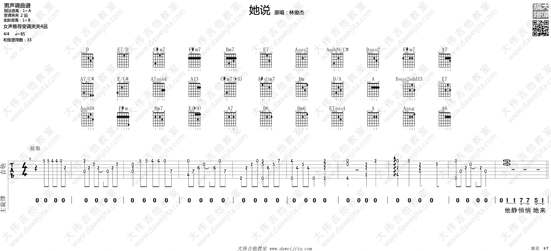 她说吉他谱 A调附视频_大伟吉他教室编配_林俊杰
