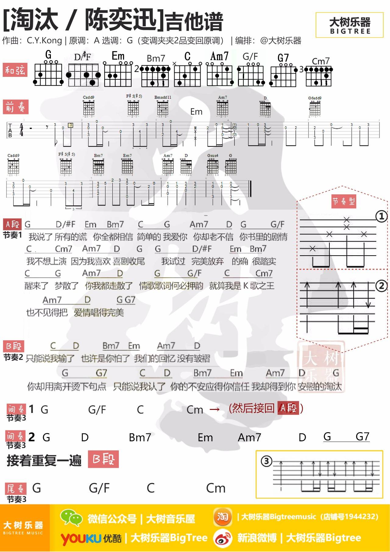 淘汰吉他和弦谱_大树音乐版本_TXT谱_文本谱_陈奕迅