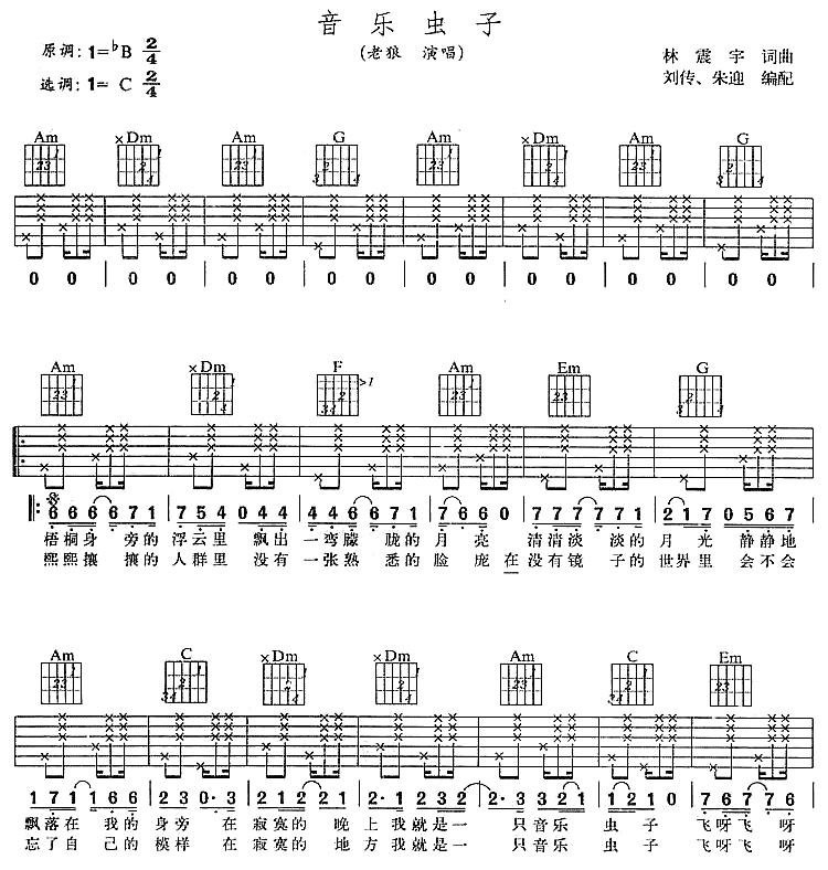 音乐虫子吉他谱 C调六线谱_简单版_老狼