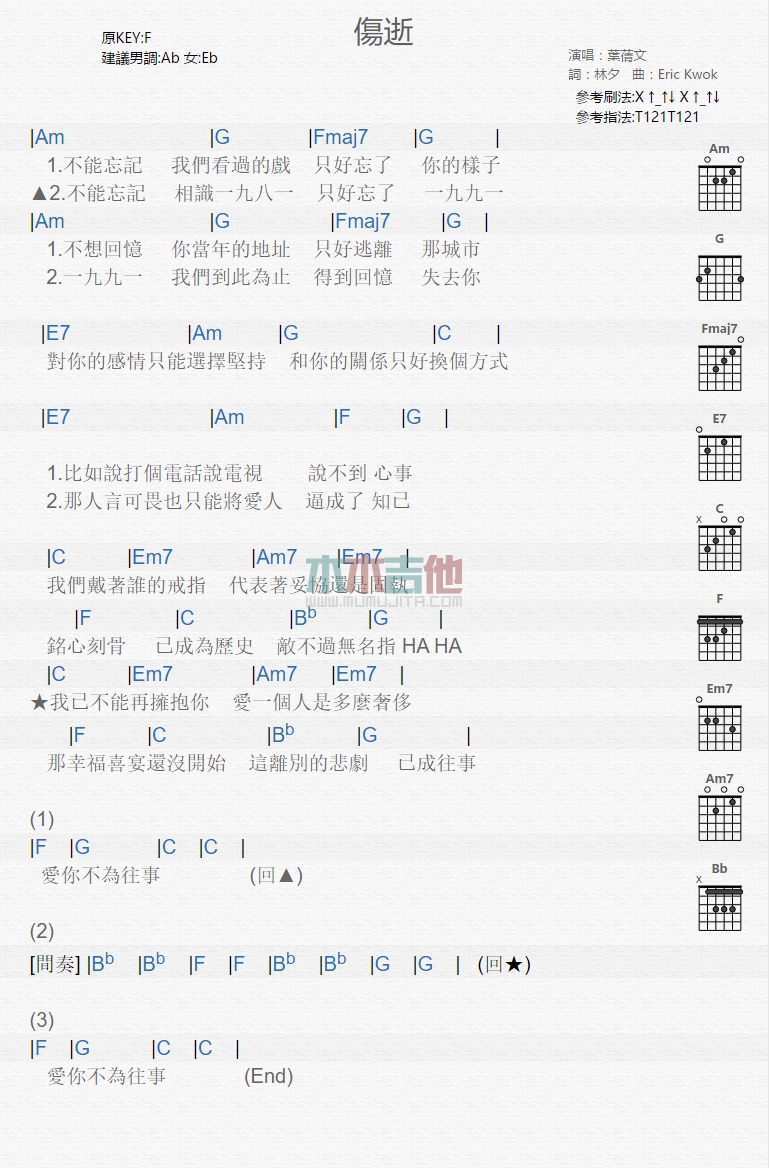 伤逝吉他谱 F调_木木吉他编配_叶倩文