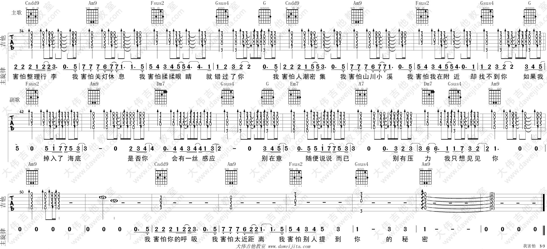 我害怕吉他谱 C调精选版_大伟吉他教室编配_薛之谦