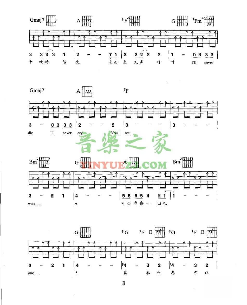 我是愤怒扫弦吉他谱 D调扫弦版_音乐之家编配_Beyond