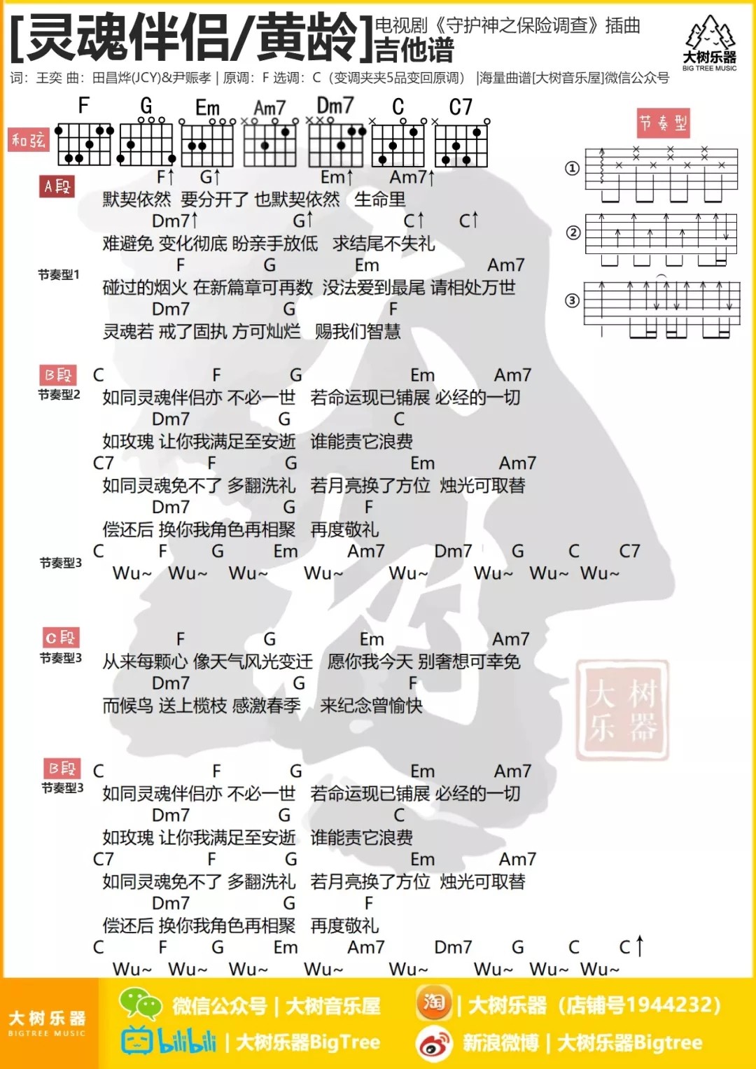 灵魂伴侣 C调和弦谱_大树音乐屋编配_黄龄