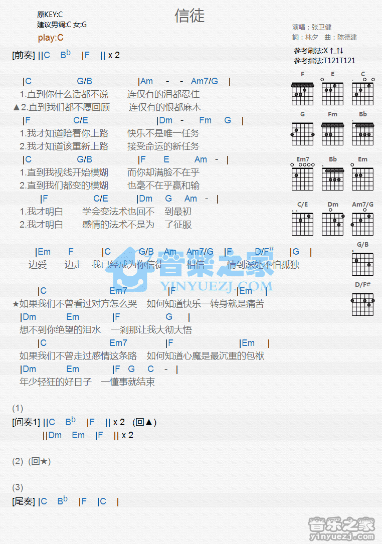 信徒吉他谱 G调和弦谱_音乐之家编配_张卫健