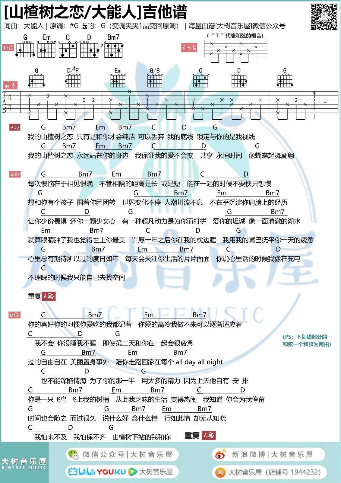 山楂树之恋吉他谱 G调高清版_大树音乐编配_大能人 山楂树之恋吉他谱 G调高清版_大树音乐编配_大能人