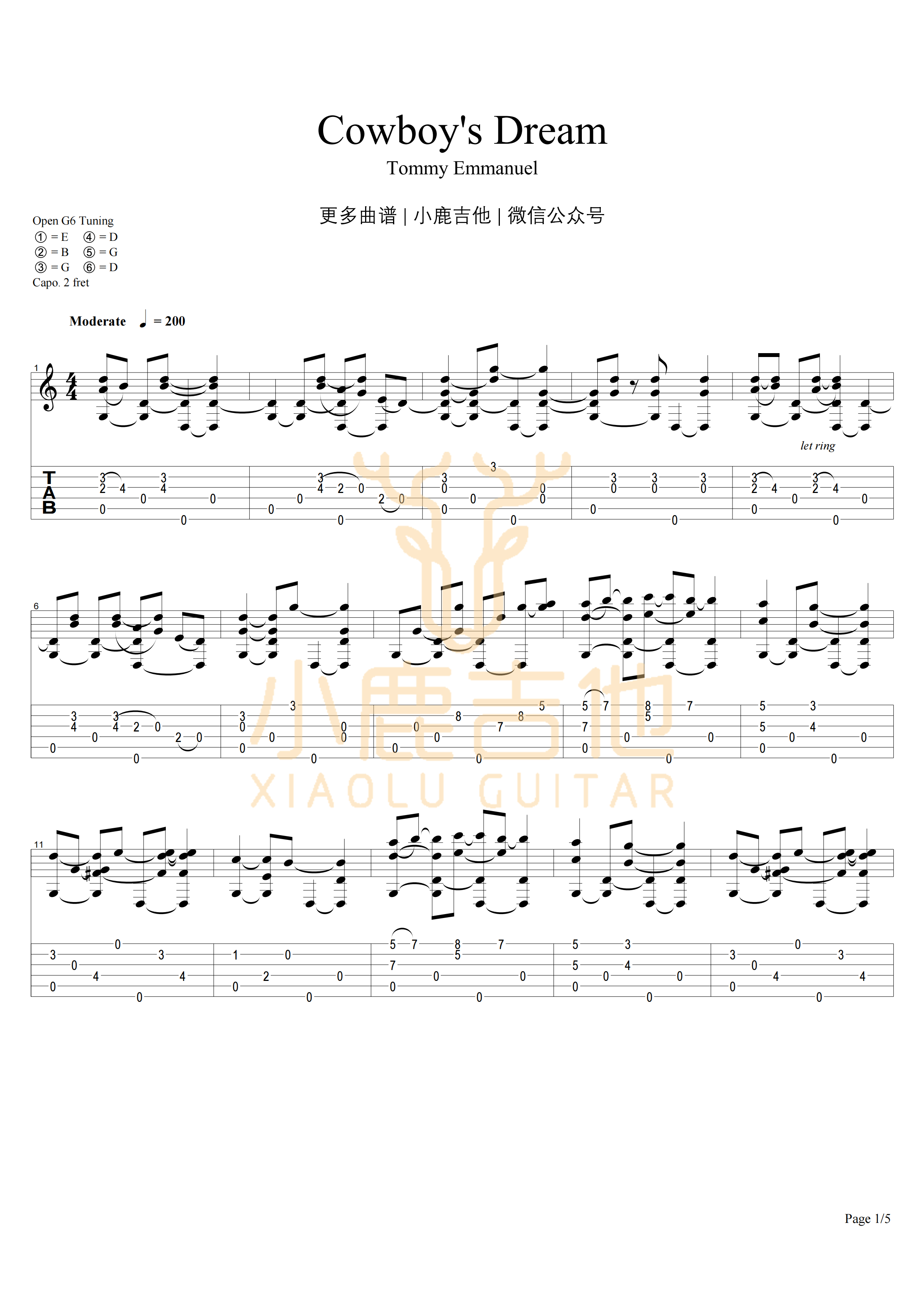 COWBOY'S DREAM-Tommy Emmanuel指弹吉他谱_小鹿吉他 COWBOY'S DREAM-Tommy Emmanuel指弹吉他谱_小鹿吉他