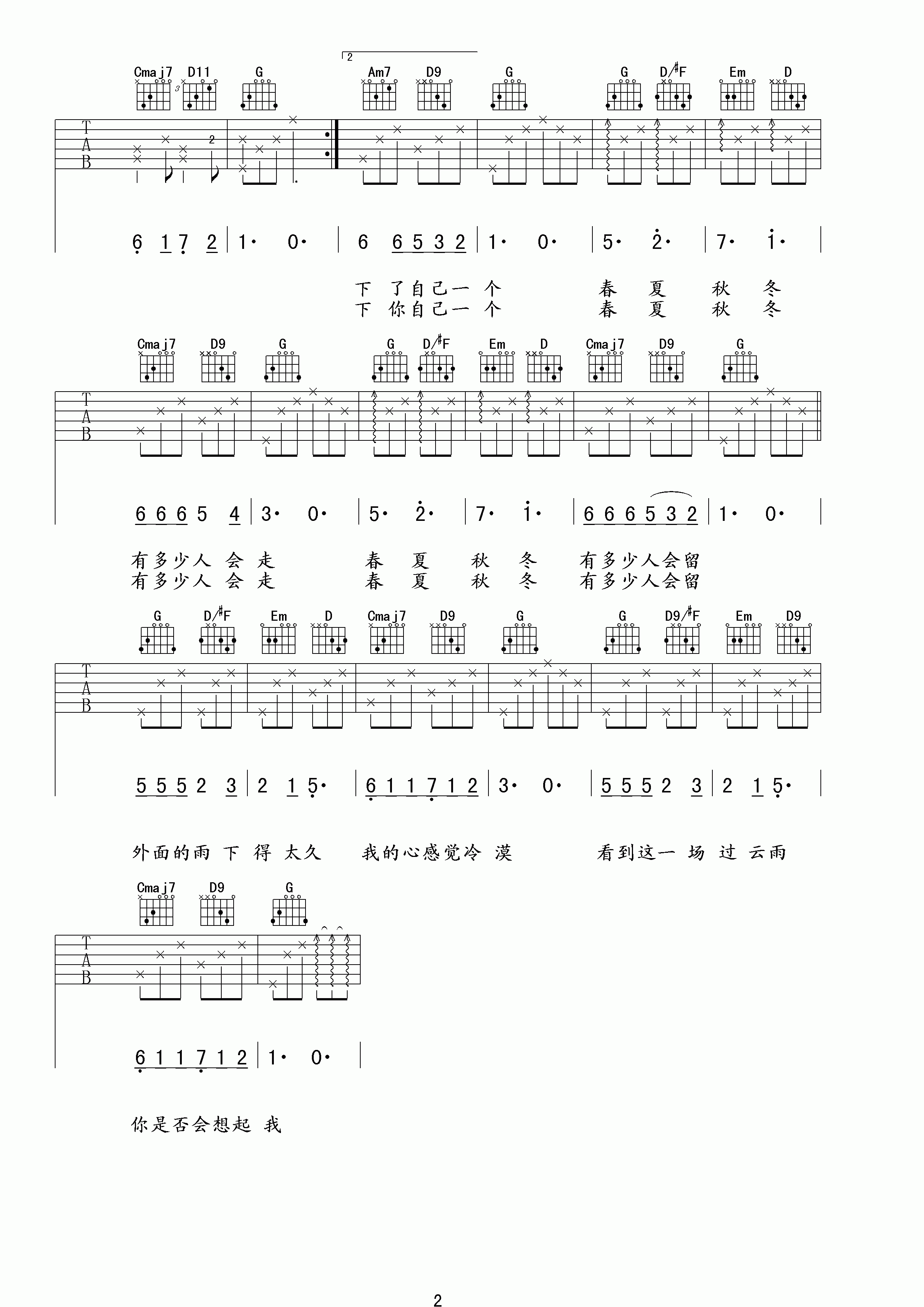 过云雨吉他谱 G调六线谱_高清版_张敬轩 过云雨吉他谱 G调六线谱_高清版_张敬轩