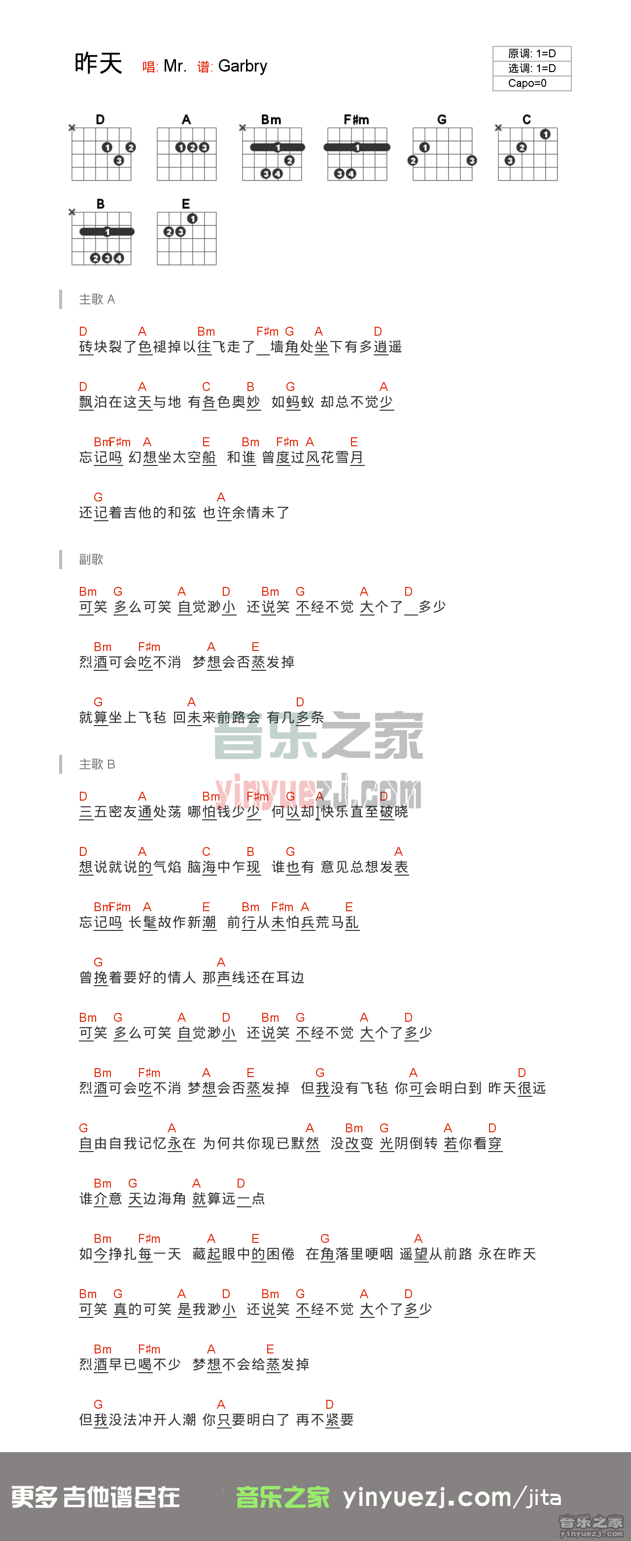 昨天吉他谱 D调和弦谱_Garbry编配_Mr.