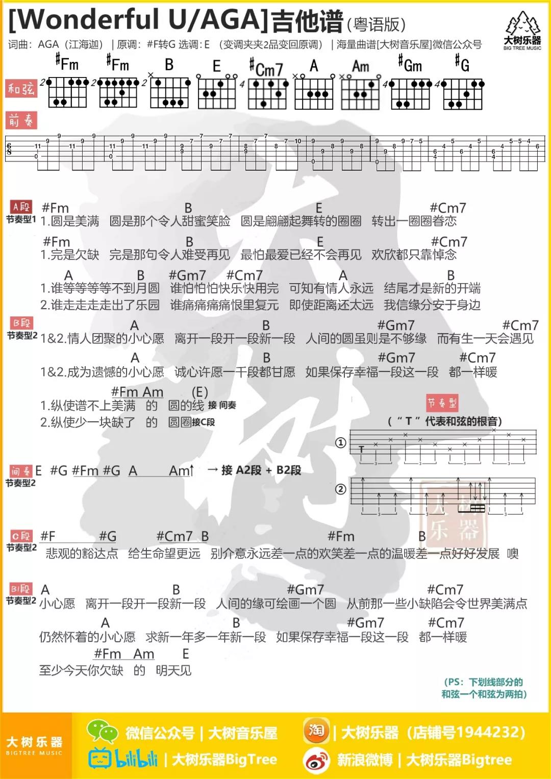 Wonderful U吉他谱 E调和弦谱_大树音乐屋编配_AGA江海迦