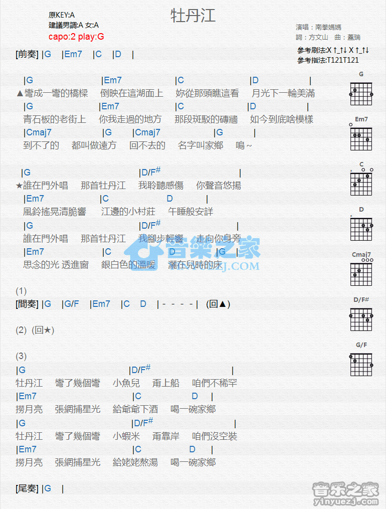 牡丹江吉他谱 A调_音乐之家编配_南拳妈妈 牡丹江吉他谱 A调_音乐之家编配_南拳妈妈