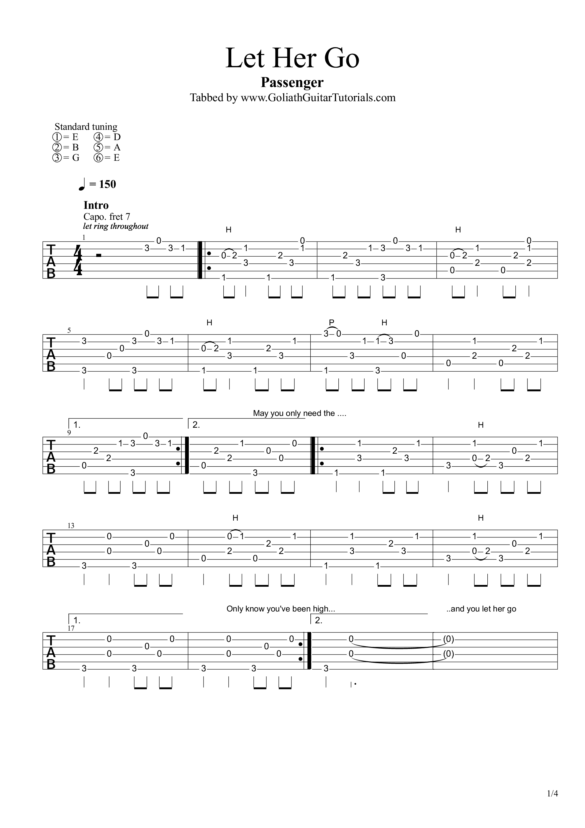 let her go吉他谱 E调六线谱_高清版_Passenger