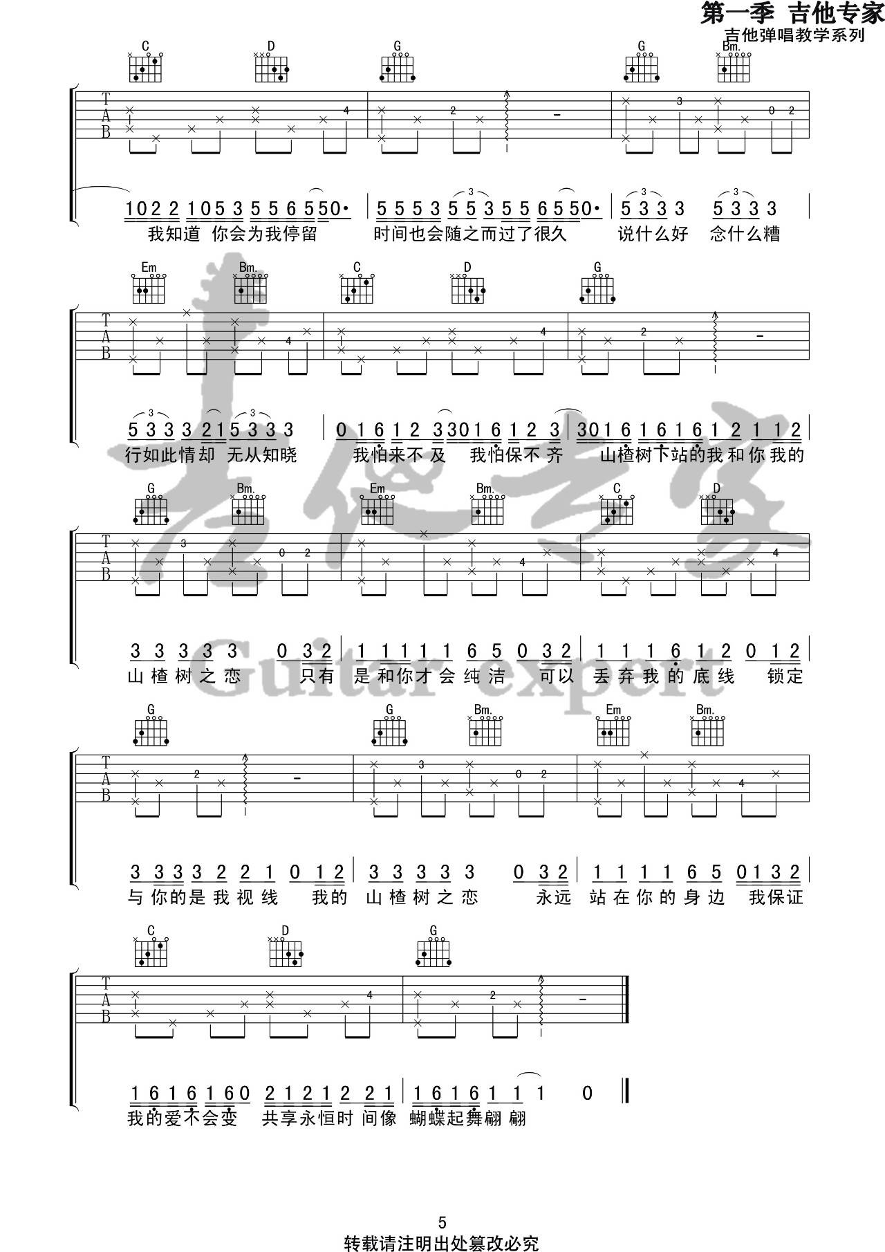 山楂树之恋吉他谱 G调精选版_音艺吉他编配_大能人