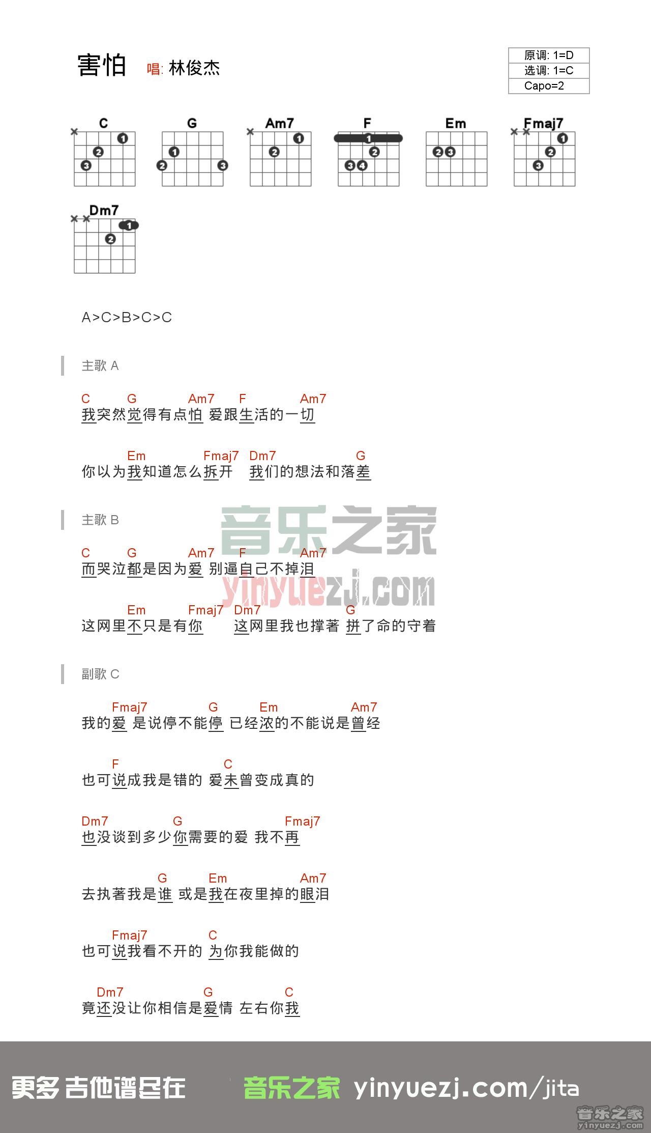 害怕吉他谱 C调和弦谱_音乐之家编配_林俊杰
