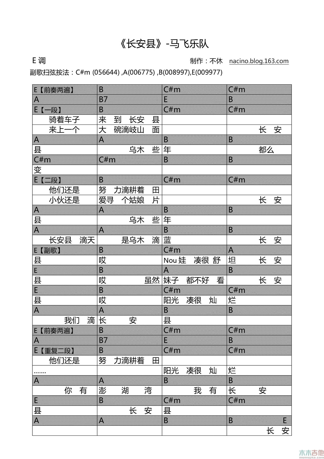 长安县吉他谱 E调和弦谱_不休编配_马飞