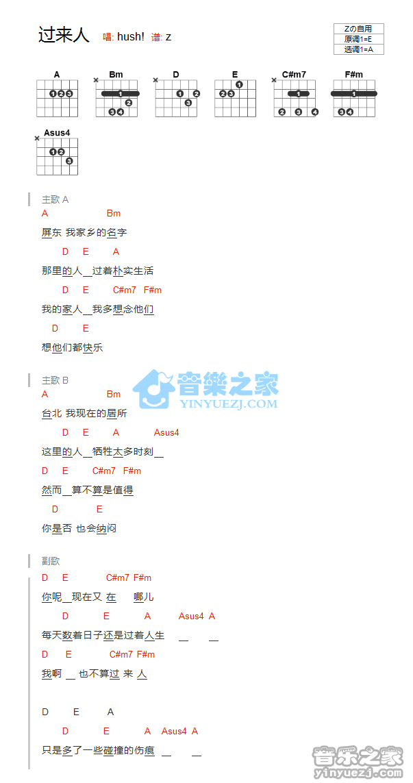 过来人吉他谱 A调和弦谱_音乐之家编配_Hush 过来人吉他谱 A调和弦谱_音乐之家编配_Hush