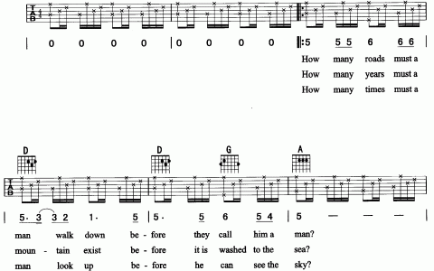 Blowing In The Wind吉他谱 D调六线谱_简单版_Bob Dylan