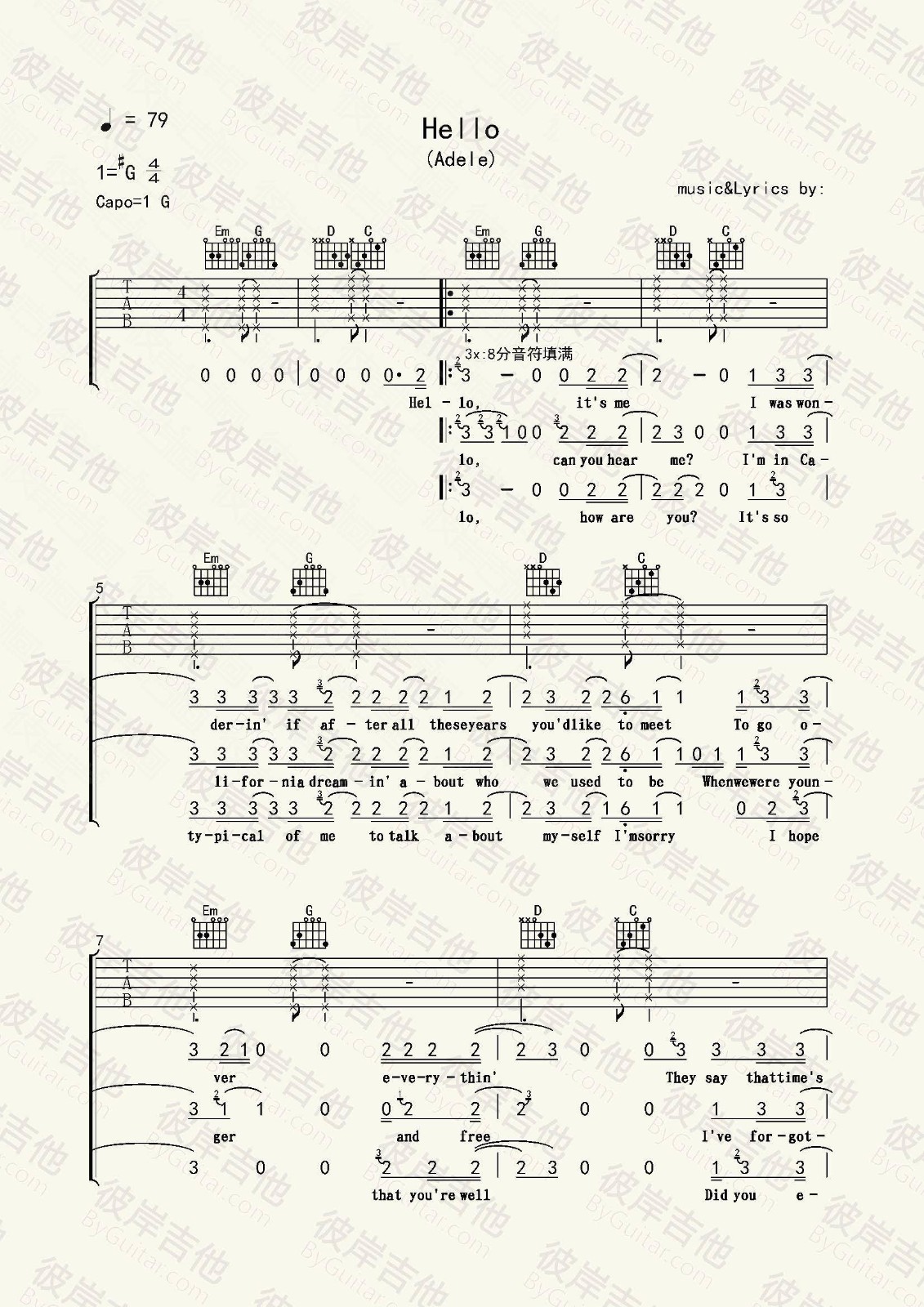 hello吉他谱 G调精选版_彼岸吉他编配_Adele