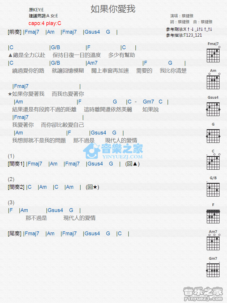 如果你爱我吉他谱 A调和弦谱_音乐之家编配_蔡健雅