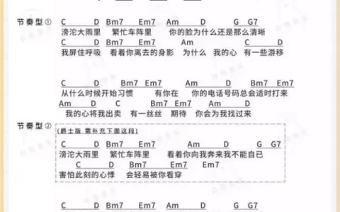 滂沱大雨里吉他谱 G调和弦谱_男生版_李若溪