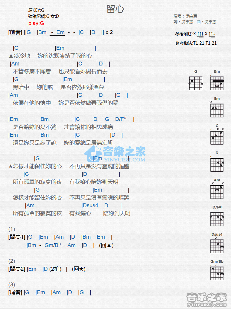 留心吉他谱 D调和弦谱_音乐之家编配_吴宗宪