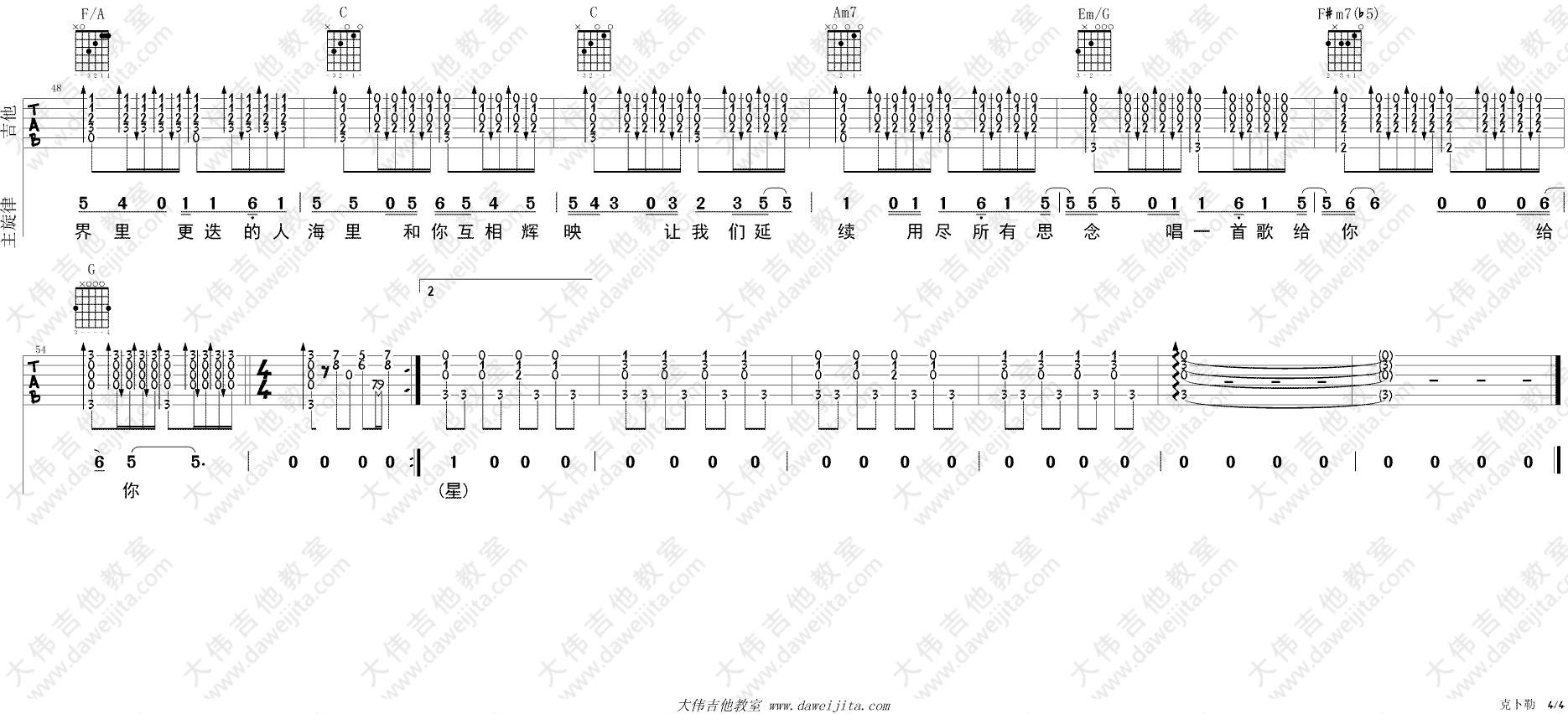 克卜勤吉他谱 C调精选版_大伟吉他教室编配_孙燕姿 克卜勤吉他谱 C调精选版_大伟吉他教室编配_孙燕姿