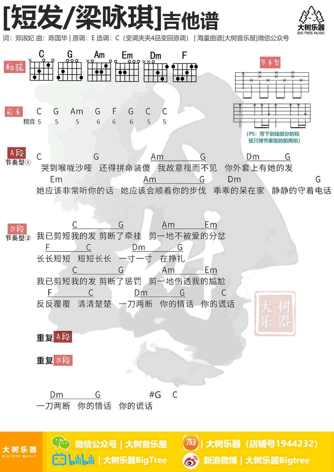 短发吉他谱 C调和弦谱_大树音乐屋编配_张靓颖