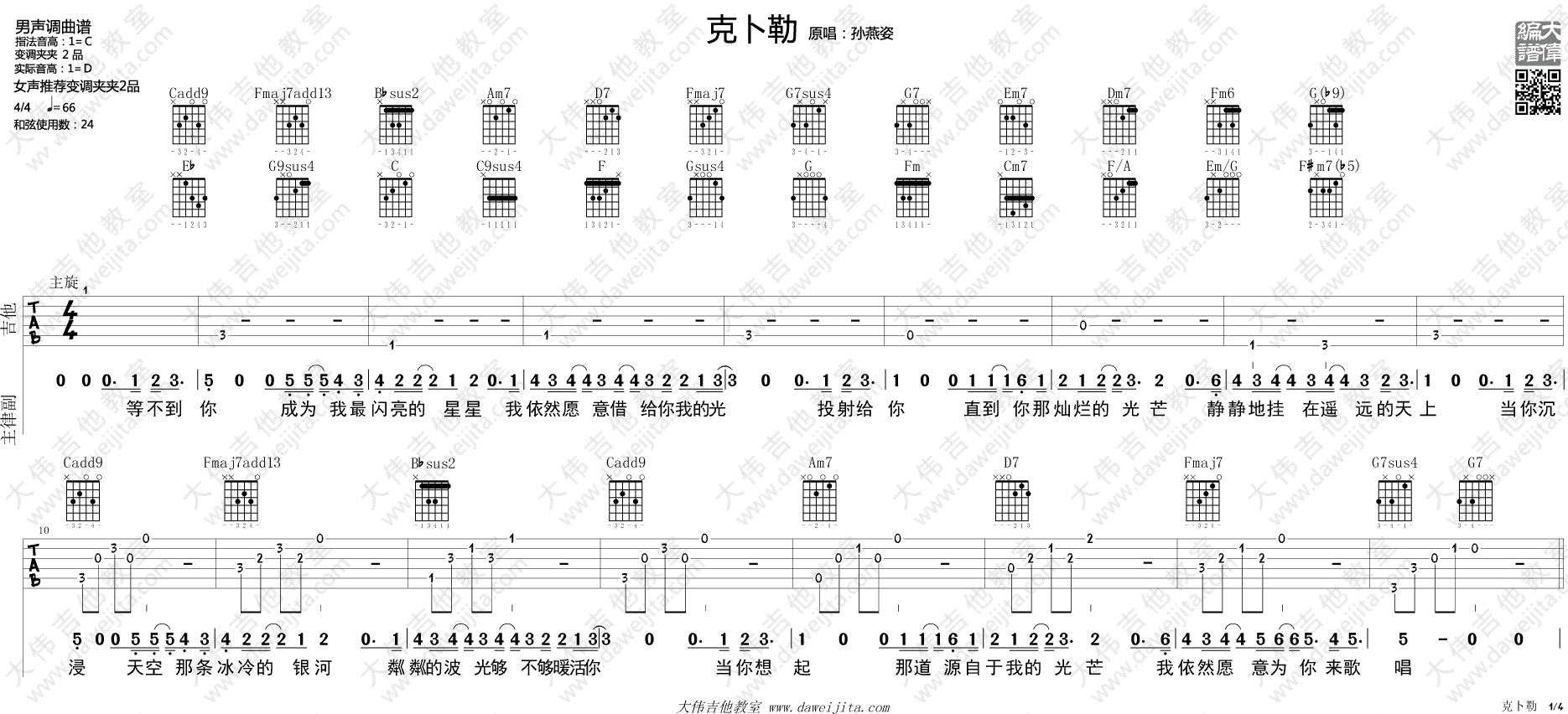 克卜勤吉他谱 C调精选版_大伟吉他教室编配_孙燕姿 克卜勤吉他谱 C调精选版_大伟吉他教室编配_孙燕姿