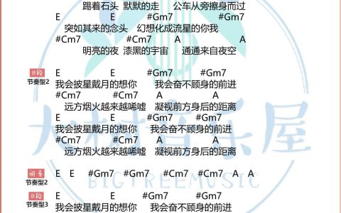 披星戴月的想你吉他谱 E调原版_大树音乐屋编配_告五人