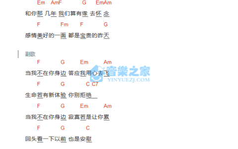 当我不在你身边吉他谱 C调和弦谱_音乐之家编配_曹轩宾