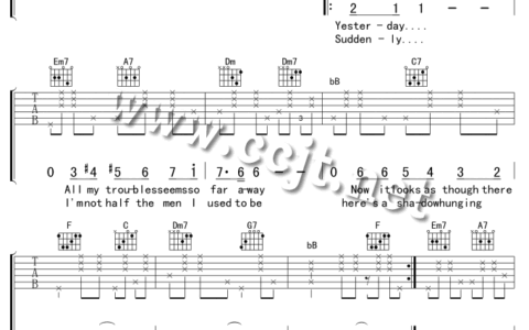 yesterday吉他谱 F调六线谱_虫虫吉他编配_the beatles